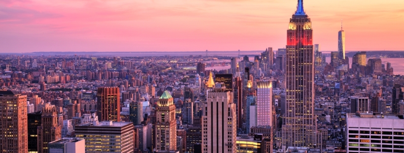 The New York City skyline at sunset